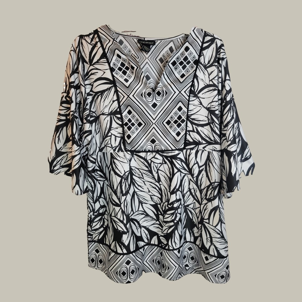 Lane Bryant Tunic Top Boho Geometric Floral Flutter Sleeve Black White Sz 14/16
